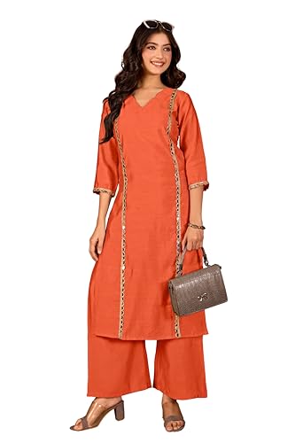 Image of Women Straight-Cut Kurta Pant Set with Subtle Golden Lace Embellishment | Elegant Ethnic Wear for Festive, Office & Casual Use