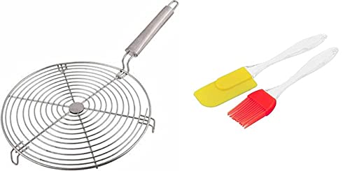 Wofier® Steel Barbeque Jali Roti Roast Grill Papad Roaster Chapati Toast Grill Wooden Handle paneer tandoor net With Silicone Spatula and Oil Brush Set
