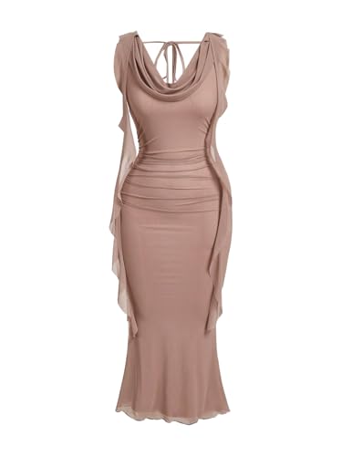 Image of GORGLITTER Women's Cowl Neck Midi Dresses Summer Ruffle Open Back Fishtail Cocktail Birthday Party Going Out Sun Dress