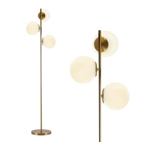 Image of BOKT Modern Gold Floor Lamps Mid Century 3-Light Globe Standing Lamp Tall Pole Floor Light with Frosted Glass Contemporary Adjustable Floor Lamp for Living Room Reading Bedroom