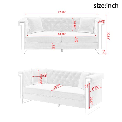 Yoglad Living Room 3 Seat Sofa Chesterfield Couch, Futon Settee With Luxury Silver Metal Legs, Furniture For Living Room, Apartment, Reception (77 Inch, Chenille Fabric, Pink) #TOP1