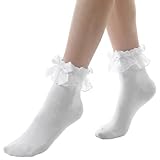 Xinjoduz 1 Pair White Ruffle Socks for Women, Comfortable Cotton Cute Lace Frilly Ankle Socks with Bow for Girls Winter Fashion Womens Ruffle Sock for Y2k Party Yoga Dance Sports