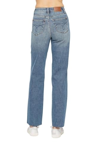 Judy Blue Women's High Waist Tummy Control Raw Hem Straight Jeans3