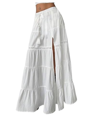 SOLY HUX Women's Summer Split Maxi Skirt Tie Front Elastic Waist Lace Ruffle Hem Long Flowy Skirts