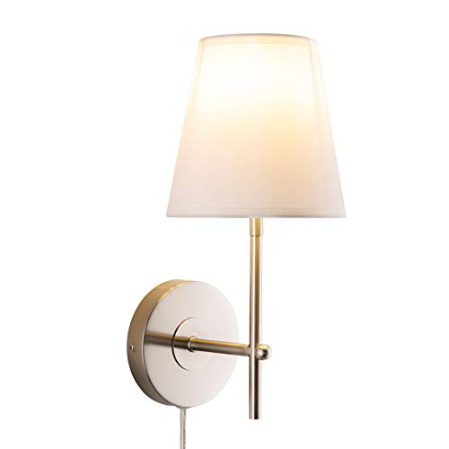 CO-Z 1-Light Wall Sconce Plug in Cord with White Fabric Shade, Wall Mount Vanity Lamp in Brushed Nickle Finish Hardwired or Plug in, Wall Sconce Light Fixture for Bathroom Bedroom Stair Café Bedside Idaho 