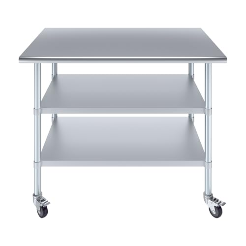Image of AmGood Stainless Steel Work Table with 2 Shelves and Casters | Metal Utility Table On Wheels (Stainless Steel Work Table with 2 Shelves + Casters, 48 inch Long x 30 inch Deep)
