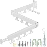 plainshe Wäscheständer Wandmontage, Platzsparend,3-Fach Faltbar, Ausziehbar Kleiderstange mit Verlängerungsstange, Aluminium Wandwäschetrockner mit 24 Haken, für Balkon, Terrasse (Weiß-Doppelhaken)