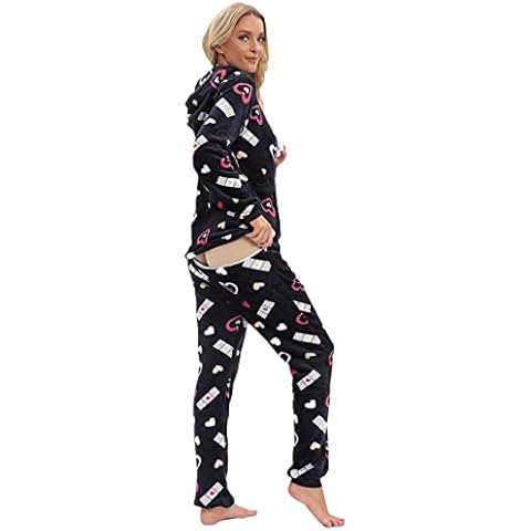 QIYUANT Womens Hooded Onesie Adult Openable Hips Jumpsuit Warm Fluffy Soft Pajamas Zipped Overall Autumn Winter Halloween Christmas Loungewear Nightwear Sleepsuits ( Black Heart , M ) Cover