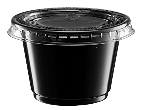 Image of {2.5 oz - 100 Sets} Black Diposable Plastic Portion Cups With Lids, Small Mini Containers For Portion Controll, Jello Shots, Meal Prep, Sauce Cups, Slime, Condiments, Medicine, Dressings, Crafts,
