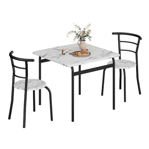 Image of VECELO 3-Piece Dining Table Set for Kitchen Breakfast Nook, Faux Marble Square Tabletop and Metal Frame, for Small Spaces, White & Black