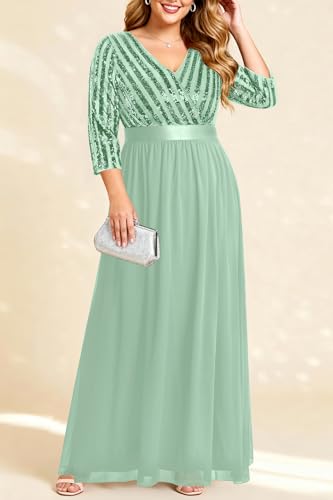 Image of Plus Size Formal Dresses V Neck 3 /4 Sleeve Sequin Prom Evening Maxi Dress | Sequin fabric, V neck 3 /4 sleeve design, plus size formal prom wedding guest evening dress