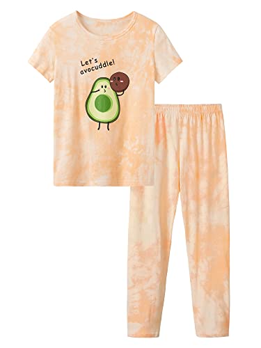 Recopilación de Pantalones de pijama para Niña los mejores 5. 50 Pijama para niñas, teñido anudado, naranja, rosa, aguacate, algodón, camiseta y pantalones para niños grandes, talla 6-18, Naranja-Rosa Aguacate (con Pantalones), 16
