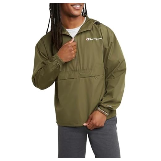 Champion Jaqueta masculina, jaqueta resistente à água e vento embalável em estádio (regular ou grande e alto), Cargo Olive Small Script, P