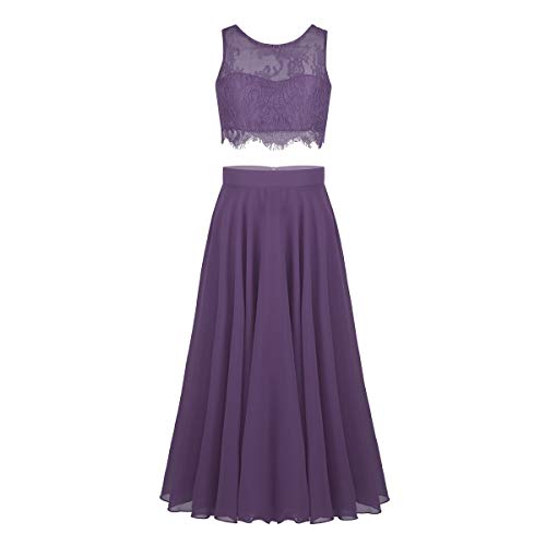 YiZYiF 2-Piece Kids Big Girls Lace Floral Wedding Prom Dance Formal Party Maxi Gown Chiffon Dress Purple Gray 10
