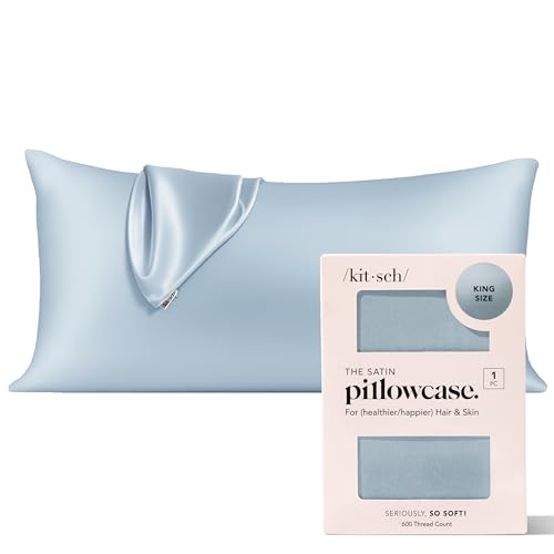Image of Kitsch Satin Pillowcase with Zipper for Hair & Skin - Softer Than Silk Pillow Cases, Smooth Cooling Satin Pillow Case, Wrinkle-Free, Machine Washable, King Size Satin Pillow Case 19x36 -Haze Blue