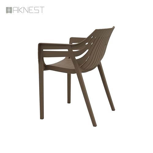 Image of OAKNEST Supreme Spectrum Plastic Arm Chair - Modern Slatted Stackable Chair for Living Room, Dining, Garden, Balcony, Restaurant & Cafe | Indoor Outdoor Designer Chair, Set of 4, Dark Beige