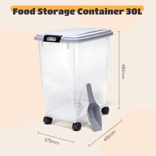 Nobleza - Futterbehälter für Haustiere 30 L, für Haustiere, Lebensmittelbox mit Rädern, Klappdeckel, Luftdicht, Transparent, Rollen und Schaufel, für Hunde und Katzen, Grau