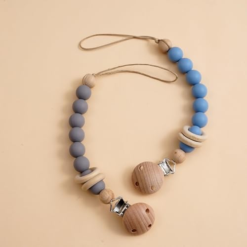 Image of 2Pcs Silicone Pacifier Clip with Natural Wooden Rings, Grey and Blue Pacifier Holder Binky Clips for Baby Boys (Blue)