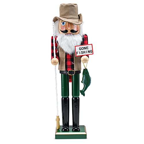 Ornativity Christmas Fisher Man Nutcracker – Red and Green Wooden Fisherman Nutcracker Man with Fishing Rod and Fish in Hand Xmas Themed Holiday Nut Cracker Doll Figure Decorations 15"