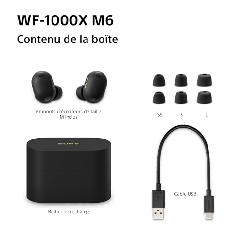 Sony WF-1000XM6 écouteurs sans Fil à réduction de Bruit, Bluetooth, Intra-Auriculaires, Son High res Signature, appels clairs, égaliseur 10 Bandes, Batterie 24heures, IPX4, iOS et Android - Noir