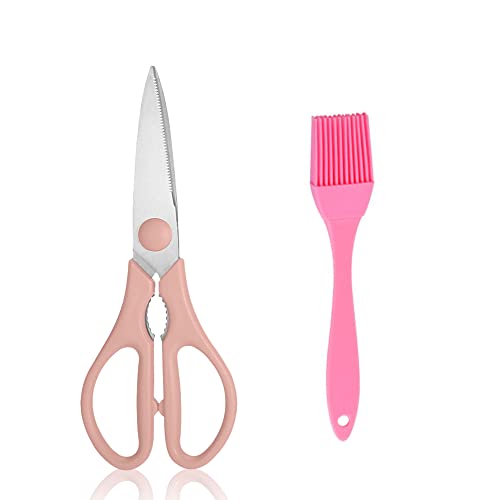 Küchenschere, Kochschere für Lebensmittel, Fleisch, Gemüse, Grillen, Fisch, Fleisch, 1 Packung mit Ölbürste (Rosa) Cover