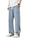 DFGIGT Men's Regular Fit Straight Leg Baggy Jeans Drawstring Elastic Waist Loose Fit Y2K Denim Pants with Pockets Lightweight 2000s Jinco Relaxed Extreme Skateboard Streetwear,C7 Light Blue,Large