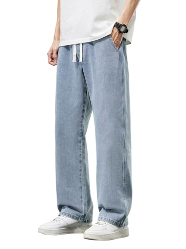 DFGIGT Mens Regular Fit Straight Leg Baggy Jeans Drawstring Elastic Waist Loose Fit Y2K Denim Pants with Pockets Lightweight 2000s Jinco Relaxed Extreme Skateboard Streetwear C7 Light Blue X-Small