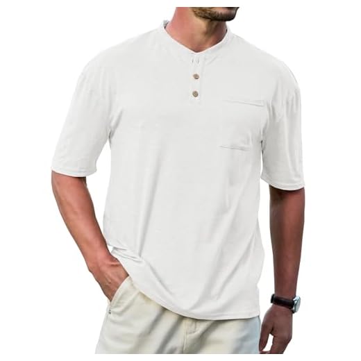 Camiseta masculina casual Henley manga curta básica atlética botão verão leve bolso camiseta, Branco, M