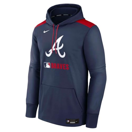 Nike Mens MLB Authentic Collection Performance Pullover Icon Hoodie (US Alpha Large Regular Regular Navy Atlanta Braves)
