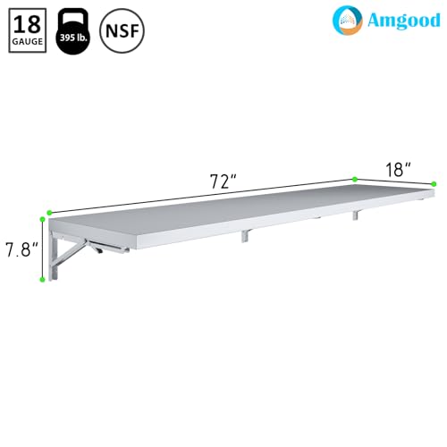 Image of AmGood Stainless Steel Folding Wall Shelf 18 in. x 72 in. | NSF | Concession Stand, Food Truck, Kitchen, Restaurant, Garage, Laundry, Utility Room