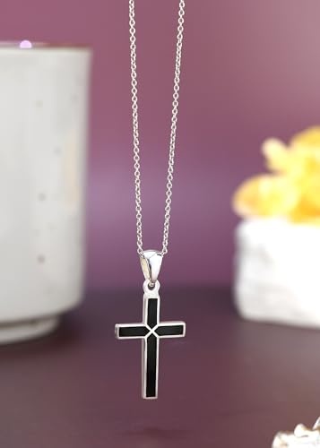 AeraVida Iridescent Cross of Faith Stone and Shell .925 Sterling Silver Necklace, 18 inch4