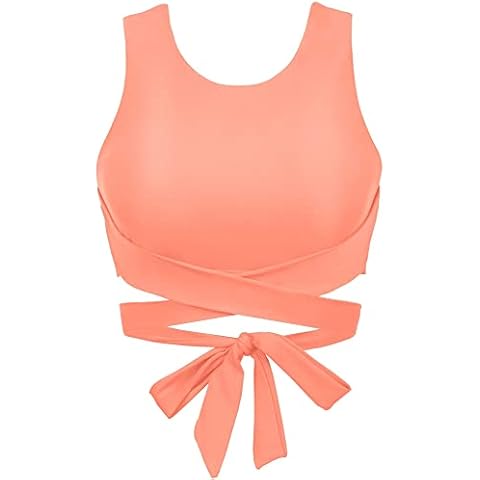 Balasami Women's Supportive High Neck Ciss Cross Printed Bikini Push Up Padding Wrap Tie Tank Swimwear Bathing Suit Tops Only, Orange Pink, Medium Cover