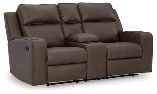 Image of Signature Design by Ashley Wall Hugger Reclining Loveseat with Console | Heavyweight padded faux leather feel, Center console with 4 cup holders and manual pull-tab recline, Lavenhorne Series
