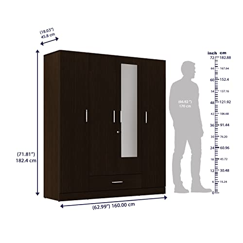 Image of Wakefit Wardrobe | 1 Year Warranty | Engineered Wood Almirah, Cupboard for Clothes Storage | 4 Door, Mirror, 2 Drawers, 1 Hanging Space | Gingham - Wenge