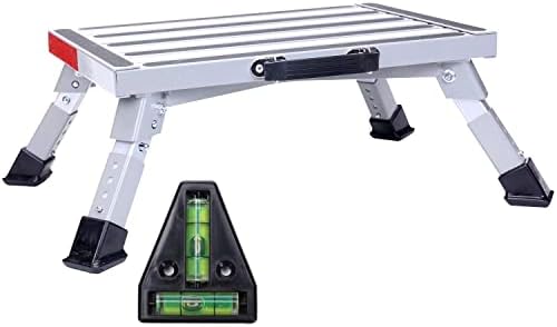 Homeon Wheels Safety RV Steps, Adjustable Height Folding Platform Step with Non-Slip Rubber Feet, Handle, Reflective Strips and T Level, 16.5" x 12.2" RV Step Stool, Supports Up to 1000lbs