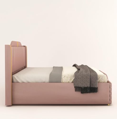Image of Modern Upholstered Queen Size Bed with Storage | Double Bed with Box Storage & Upholstery Premium Fabric Headboard | Platform Bed for Bedroom & Hotel | Sheesham Wood, Onion Pink, 6.5 x 5 Ft