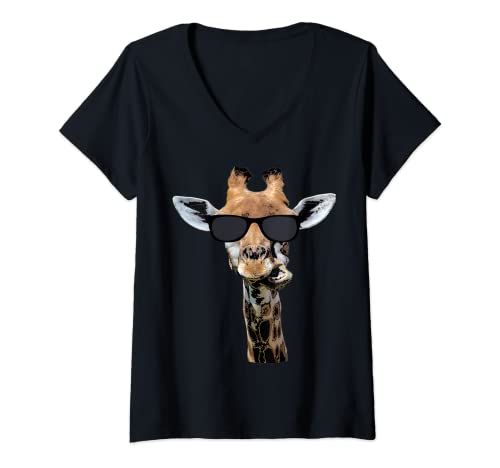 Femme girafe cool avec lunettes de soleil idée cadeau drôle T-Shirt avec Col en V