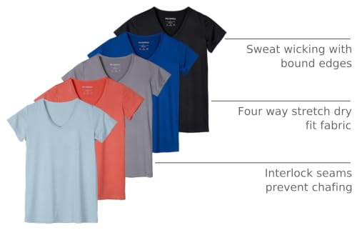 Image of Real Essentials 5 Pack: Women's Dry-Fit Short Sleeve V Neck T Shirt Workout Fitness Yoga Top Tee (Available in Plus Size) | Available In Plus Size, Short Sleeve Moisture Wicking Stretch Activewear Running Hiking Tennis Pickleball Sports Exercise