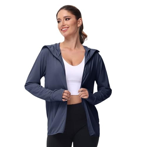 Generisch Camiseta UV para mujer, con capucha, manga larga, de secado rápido, con cremallera completa, con bolsillos y orificio para el pulgar, para exterior, fitness, yoga, deportiva, parte superior