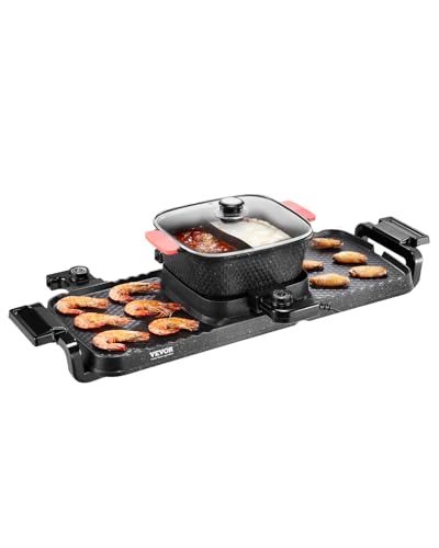 VEVOR Appareil à Fondue Chinoise Shabu Shabu avec Gril 2-en-1, Grill Électrique sans Fumée 2300 W, avec Marmite Amovible Antiadhésive, Double Contrôle de...