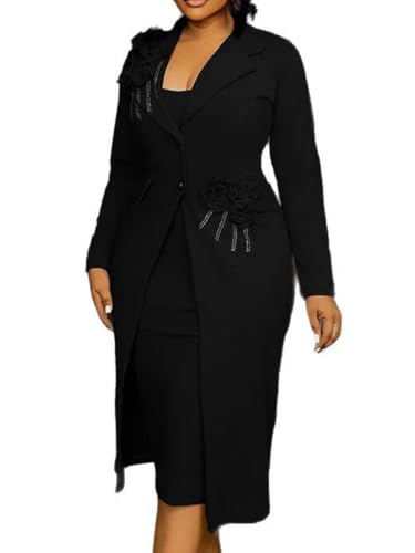 Image of Molisry Women's 2 Piece Blazer Dress Set Formal Rhinestone 3D Flower Bodycon Midi Dress with Overcoat Business Suit Set Black
