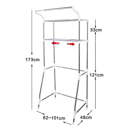 BAOYOUNI 2-Tier Over Washing Machine Storage Shelf Rack Metal Behind the Toilet Bathroom Shelving Unit Expandable Laundry Room Washer Dryer Space Saving Organiser with Clothes Haning Rod and 6-Hook - Image 3