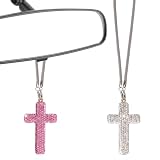 WANDIC 2 Stück Rosenkranz Katholisch Autospiegel Anhänger, Glitzerndes Diamantkreuz Christentum Jesus Rückspiegel Anhänger Dekor für Glücksbringer Auto, Rosa Weiß, Auto Geschenke