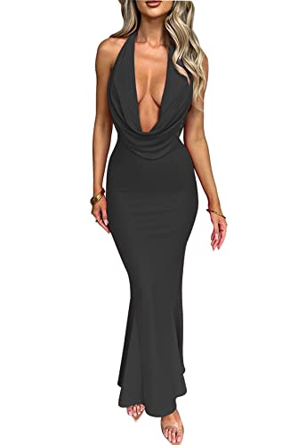 LuFeng Women's Sexy Sleeveless Summer Dress Backless Deep V Neck Halter Bodycon Maxi Party Dress2