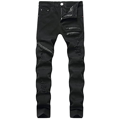 Men's Distressed Stretch Ripped Jeans Vintage Zipper Holes Hip Denim Pants Straight Skinny Fit Jeans