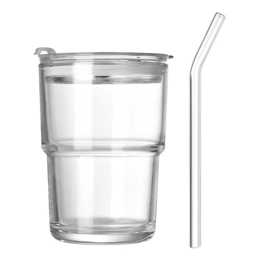 NIYANGLE Vaso de Vidrio con Pajita y Tapa, 400 Ml, Vaso Transparente para Agua y Jugos, Diseño con Fondo Plano, Adecuado para Bebidas Frías y Uso en Hogar o Restaurante