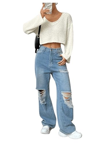 SweatyRocks Women's Casual V Neck Off Shoulder Crochet Sweater Long Sleeve Pullover Loose Tops4