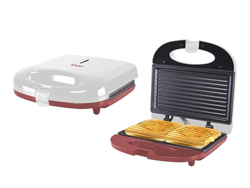 BEPER P101TOS010 Tostador eléctrico, 750W, Grill eléctrico, Placa antiadherente, Mango termoaislante, Pies antideslizantes y enrollacables, Blanco/Rojo