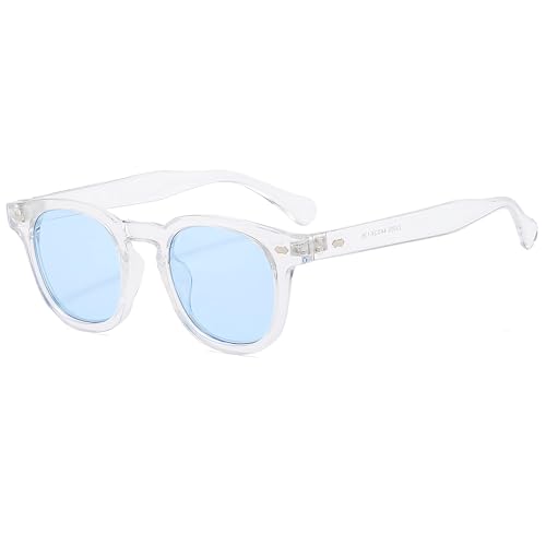 Long Keeper Gafas de Sol Redondas Vintage para Hombre Mujer Clásicas Retro Gafas Redondas Pequeñas Vintage Unisex Lente UV400 Protección, 44mm (Montura Transparente - Lente Azul)