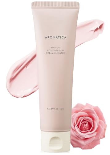 AROMATICA Reviving Rose Infusion Cream Cleanser 5.11oz /145g Double Cleanser, Hydrating Foaming cleanser for dry skin with Damask Rose Water and Rose Oil | Vegan, Cruelty Free